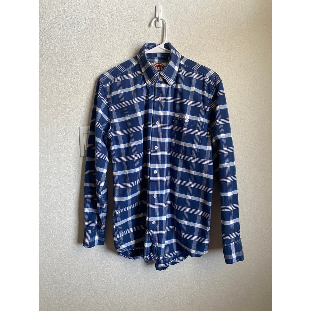 Larro Mens Plaid Button Down Preppy Shirt Size M Blue White Classic Casual